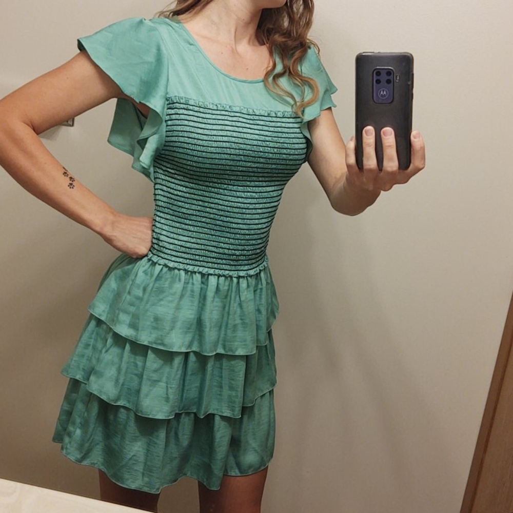 Silky ruffled dress, BCBGMAXAZRIA, small, aqua